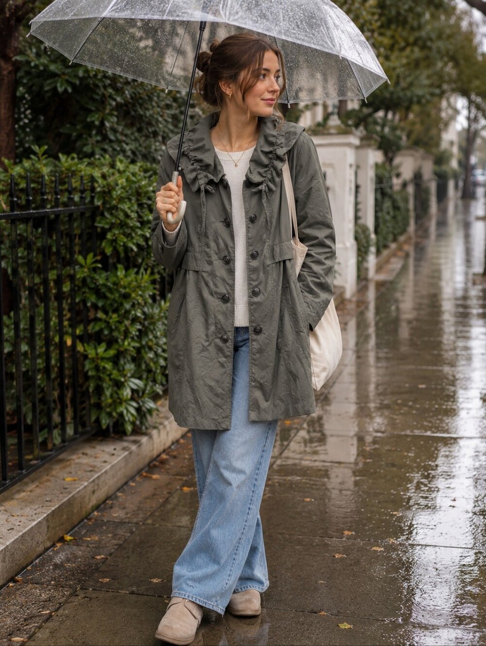 Loft Army Green Ruffle Collar Rain Coat European Elevated Layer Medium Preppy